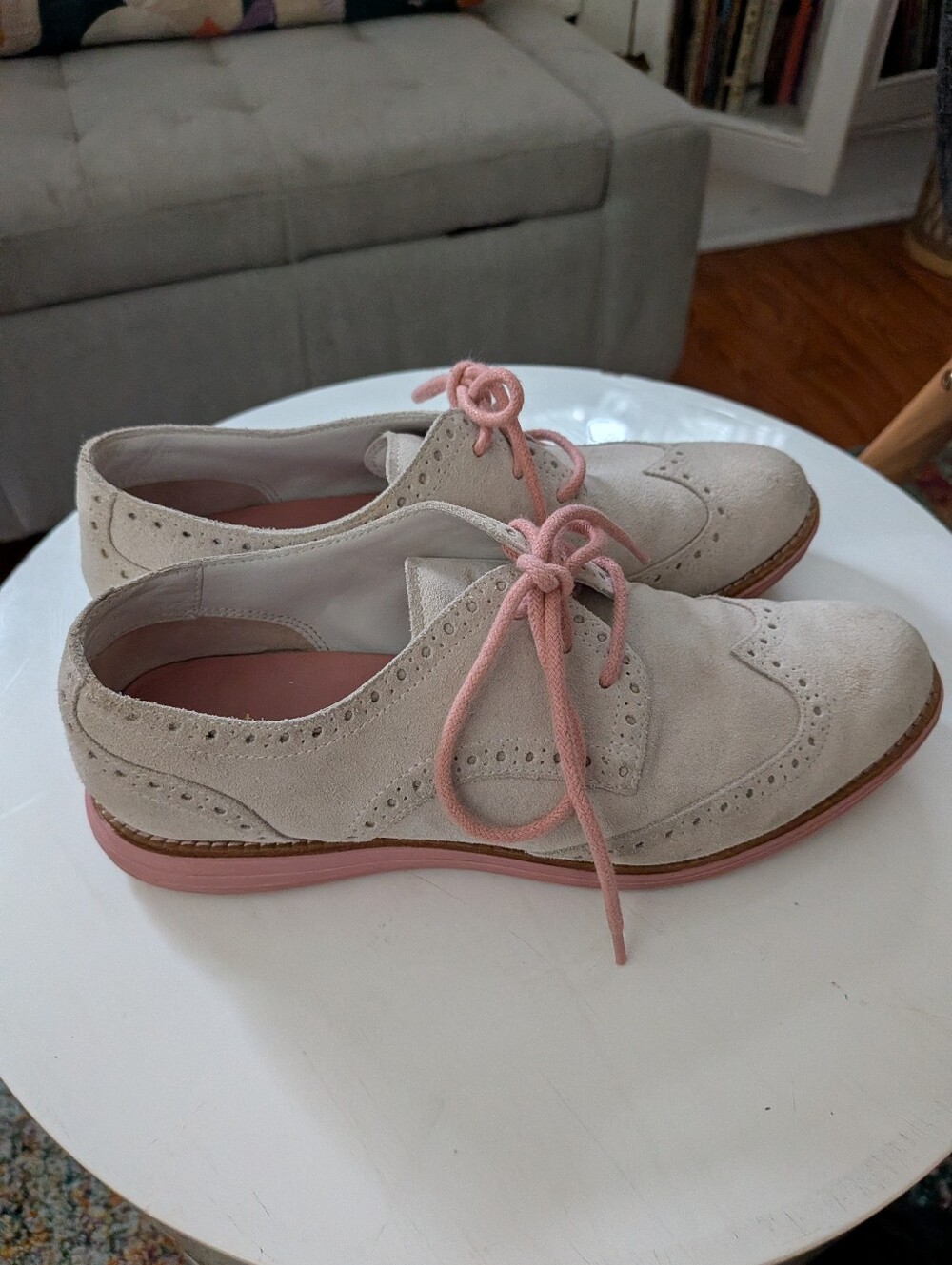 Cole Haan LunarGrand Ivory Suede Wingtip Oxfords Blush Sole Women's 7B - Picture 5 of 8